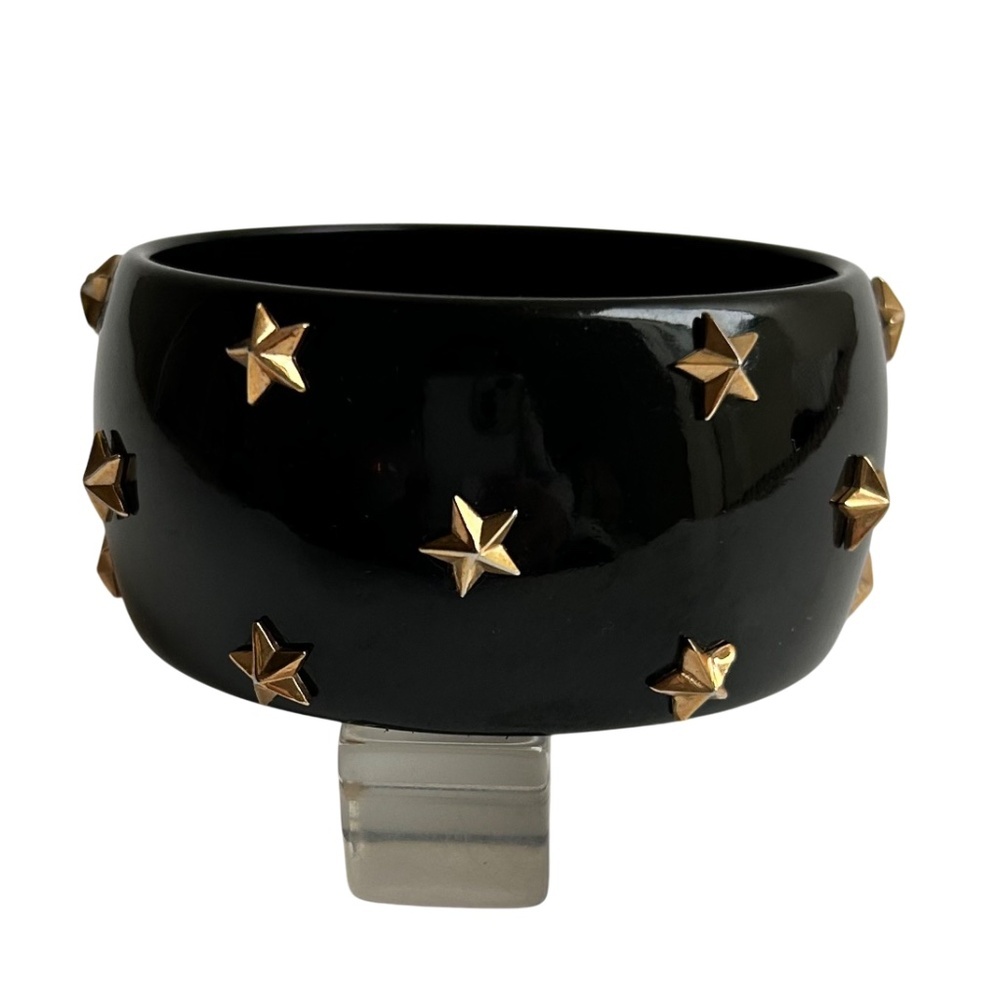 Vintage Black Wide Bracelet with Gold Star Studs Celestial Rock N Roll Bangle